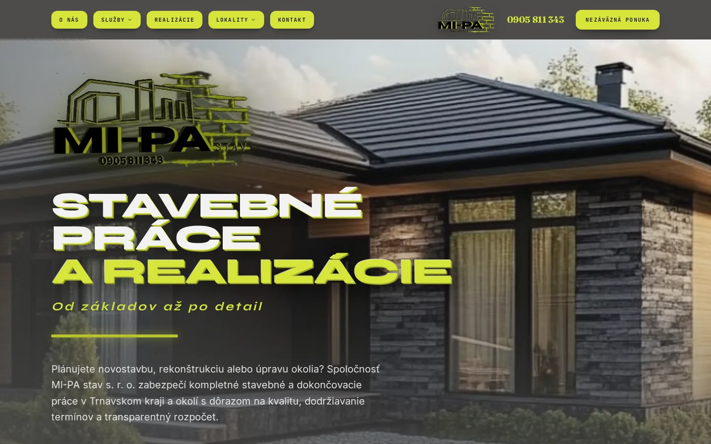 Celá úvodná obrazovka webstránky stavebnej spoločnosti MI-PA stav